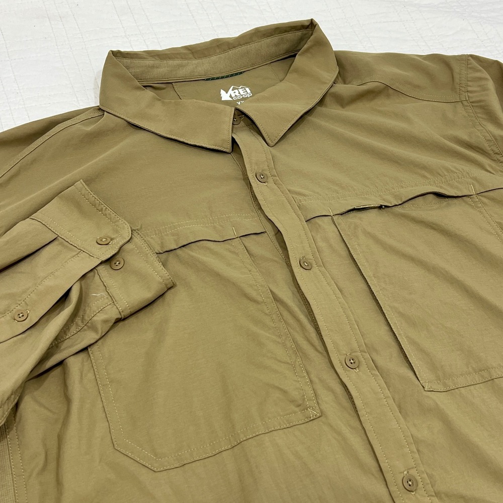 REI Co-op Sahara Mens XXL Khaki Long Sleeve Vented Hiking Shirt Nylon Spandex